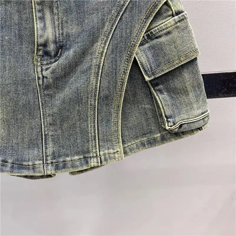 Denim Shorts Skirt Irregular Big Pockets Cargo High Waist Women Wash Grey Short A-Line Mini Skirt 2024 Summer New Fashion