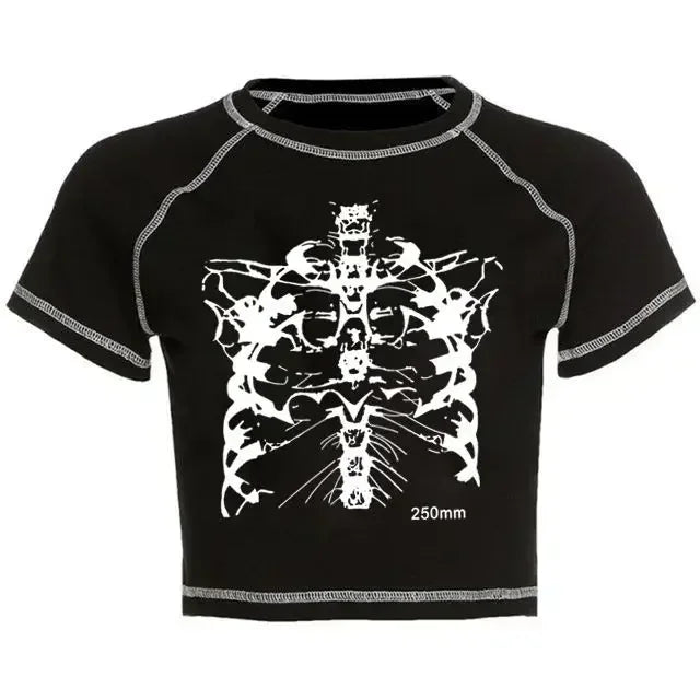 2024 New Skull Women's T-shirt Black Sweet Slim Fit Vintage Print Pattern Top Bottoming Shirt