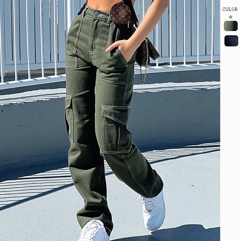 Trend Women Cargo Pants Streetwear High Waist Solid Color Casual Trousers Bottom Stitching Straight Multi-Pocket Cargo Pants