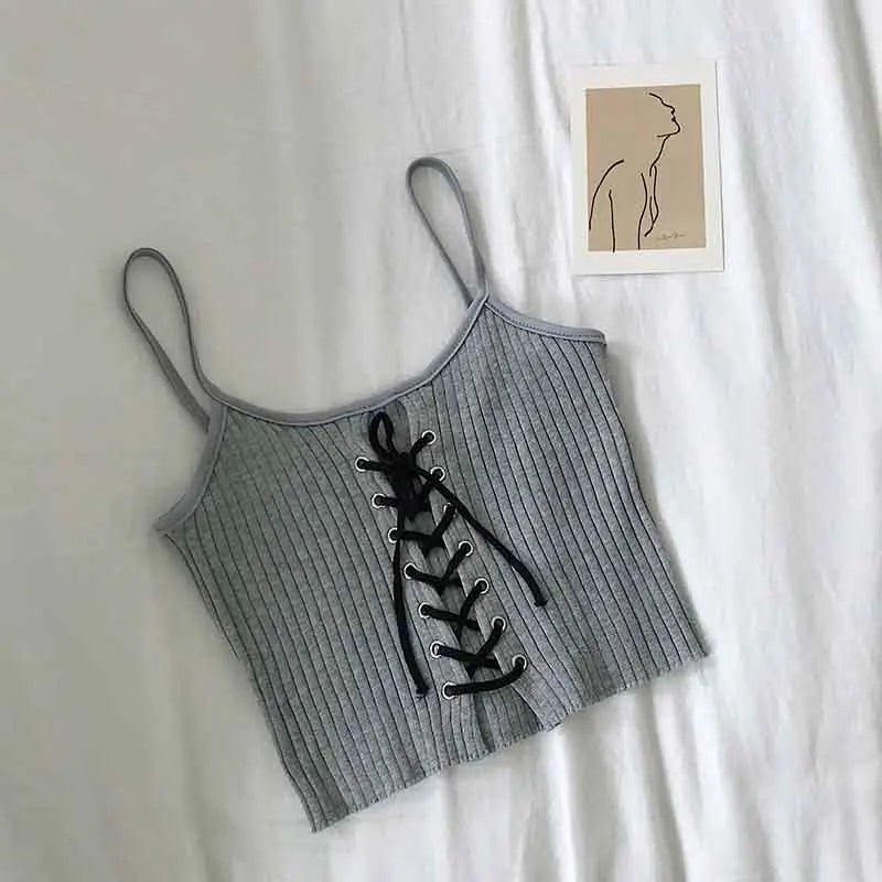 Women Y2K Bandage Crop Tops Drawstring Straps Knitted Camisole Cute Tank Crop Tops Solid Sexy Tops For Women 2024 Summer