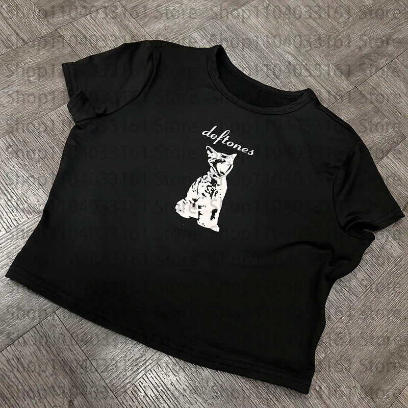 Punk Y2K Baby Tee Short Sleeve Top Gothic Street T-shirt Women's Star Cat Print Black T-shirt Women's Summer Top Emo Rock Girls'