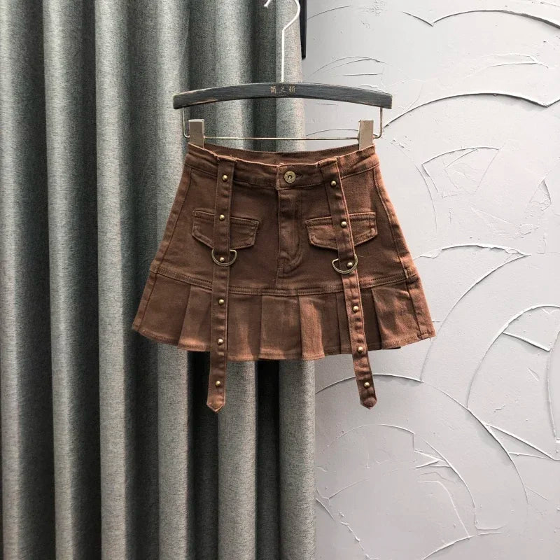 Fashion Rivet Pleated Mini Skirt Brown High Waist Fake Pocket Slim A Line Denim Skirt for Women Summer Red Black Blue Skirts