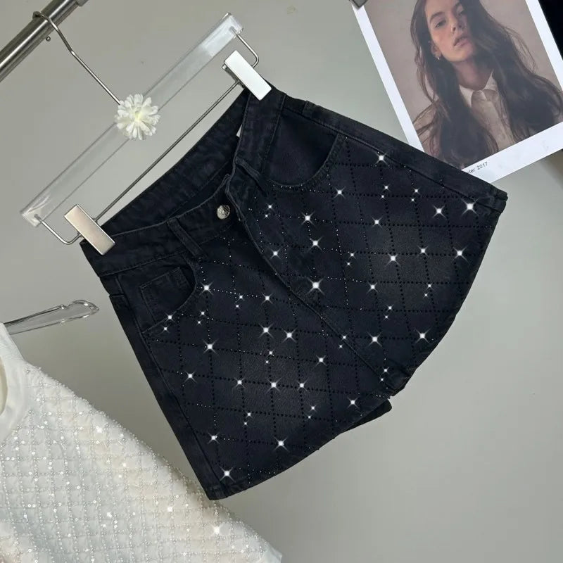 High Street Versatile Women Fashion Diamonds Denim Skirt Design New Spring Summer Female Casual High Waist A-Line Shorts Skirts