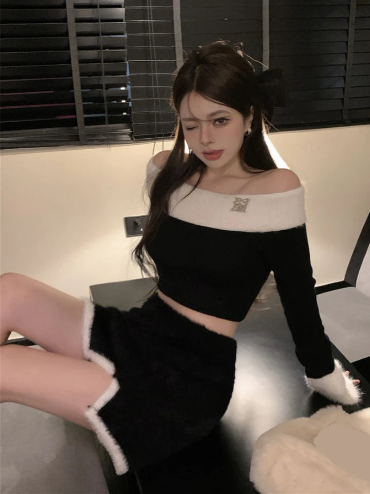 Winter Sexy Wool Vintage Two Piece Set Women Korean Fashion Warm Y2K Party Set Female Off Shoulder Slim Mini Skirt Suit 2022