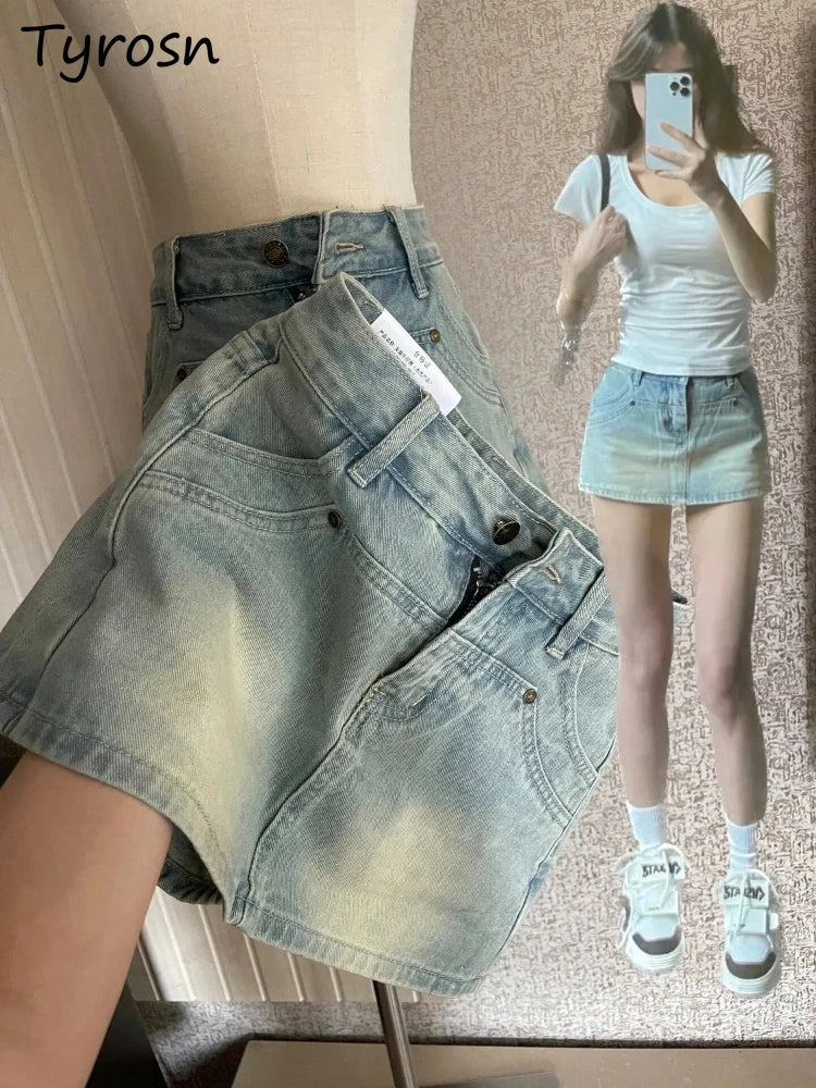 Mini saias jeans com cintura alta, justas, de verão, com zíper, lavadas, desgastadas, quentes, para meninas, moda coreana, streetwear, diária