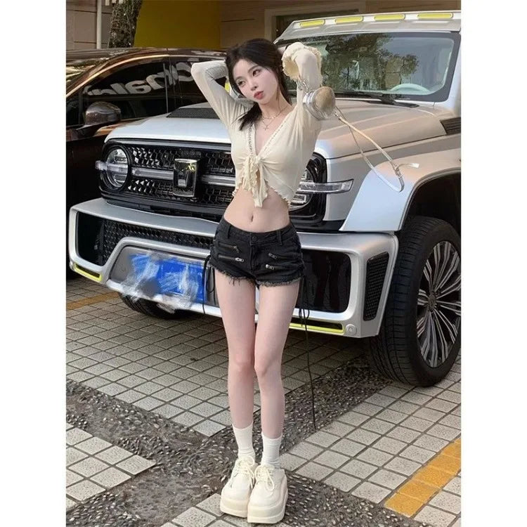 American Street Black Gray Zipper Denim Shorts Women 2025 Summer New Hot Pants Y2k E-Girl All-match Lace Up Ropa Mujer