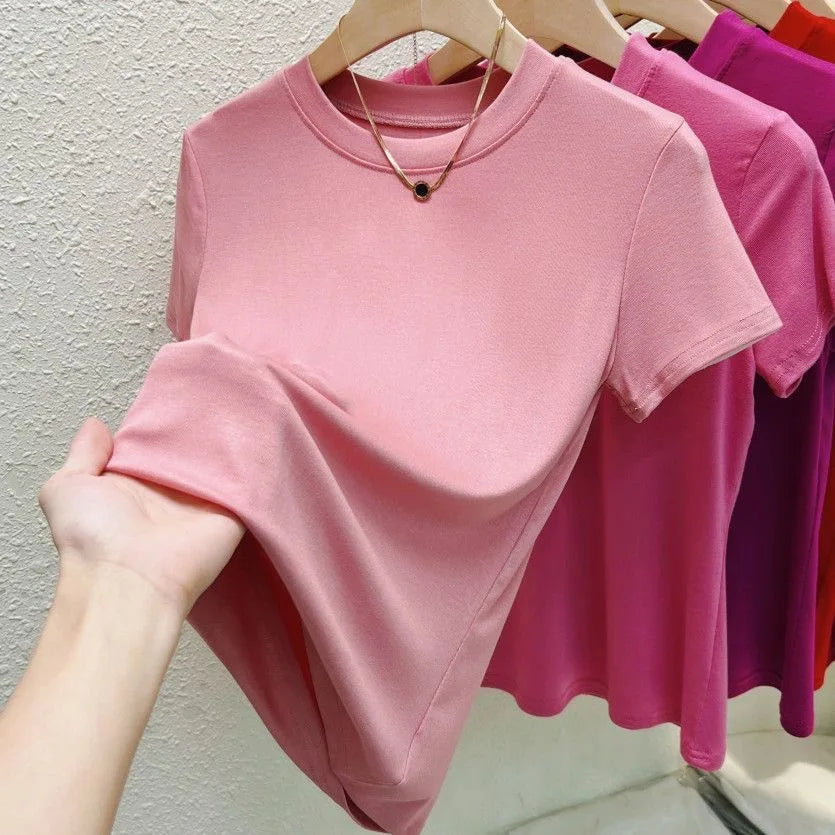 Fashion Sexy Slim Blue Crew Neck Red Women's T Shirt Korean Y2k Street Casual T-Shirt Solid Top Summer Short Sleeve Clothing