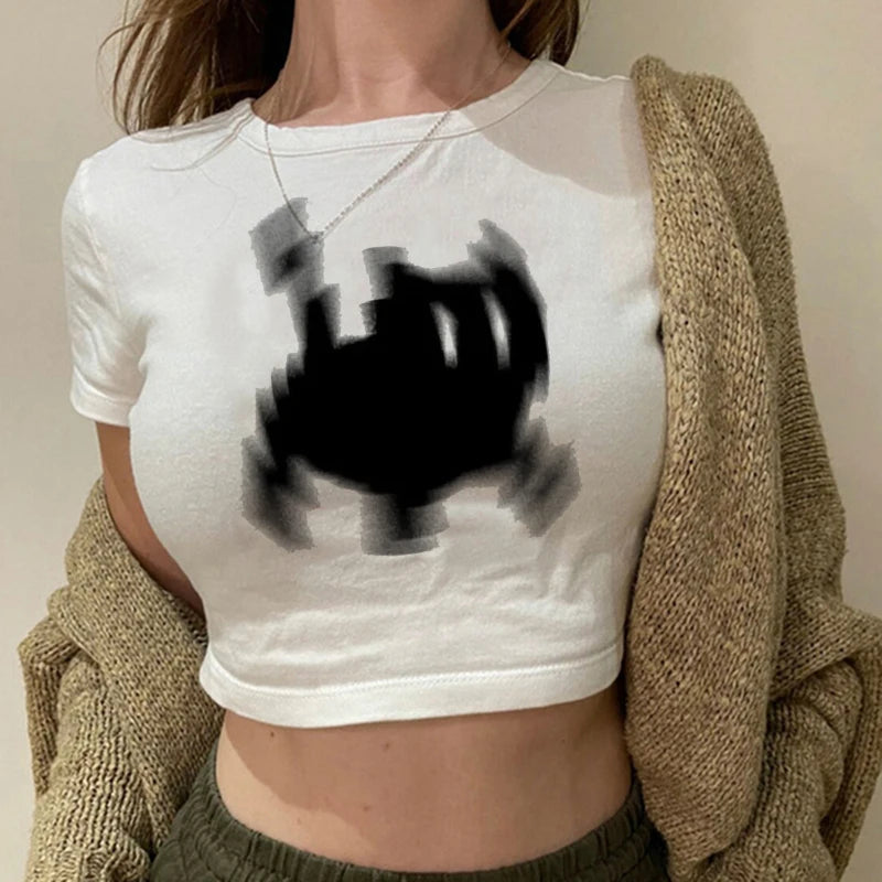 Women 2000s Sweet Funny Cat T Shirt Crop Top Women Shirt Cropped Ulzzang T-shirt 90s Tshirt Top Tee Female Gothic Shirt