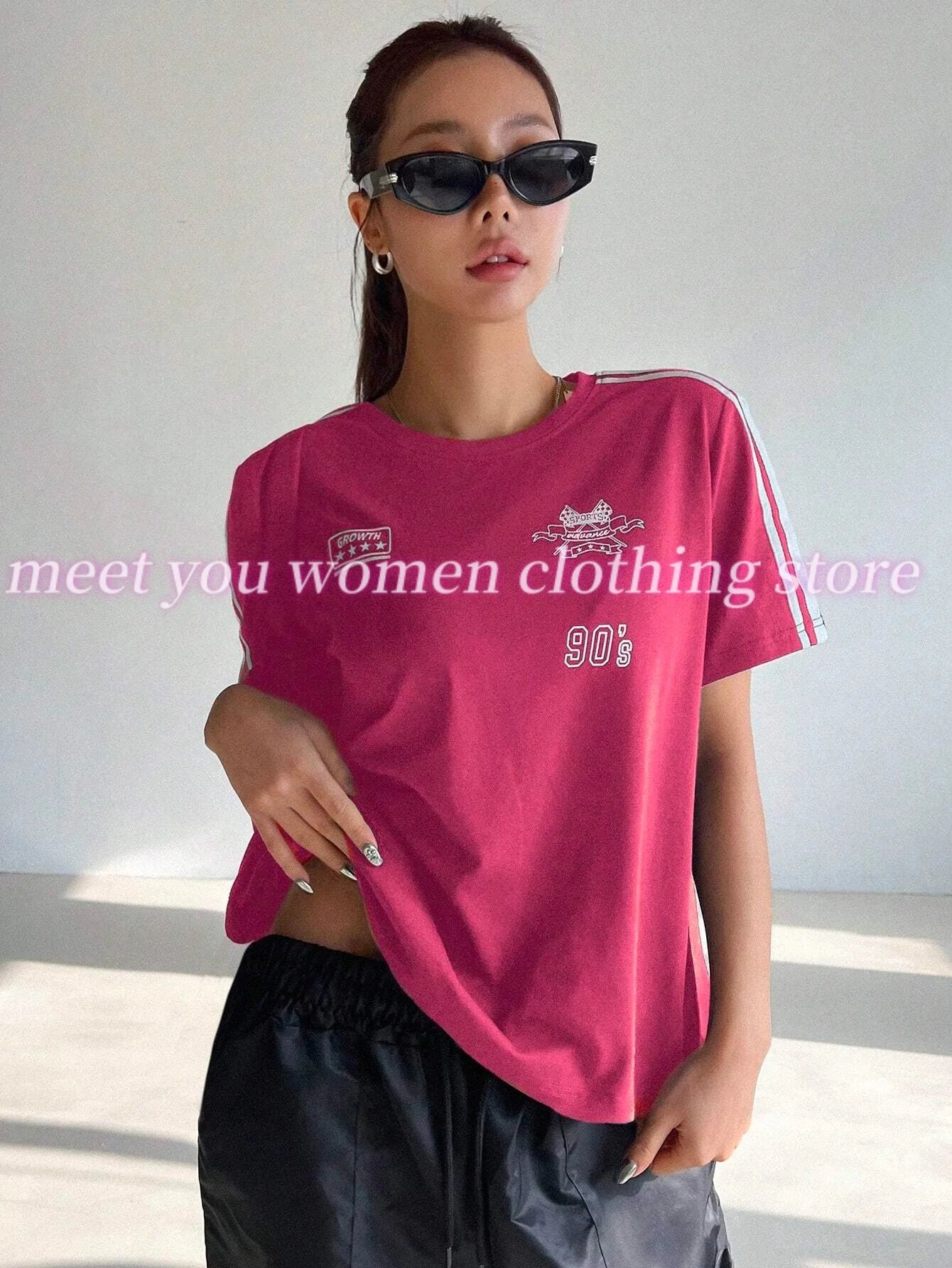 Summer 90s Bow stripe Print  t-shirt Y2K Hot Girl Clothes Women O-neck Short Sleeves Polyester Tops Oversized female Clothing