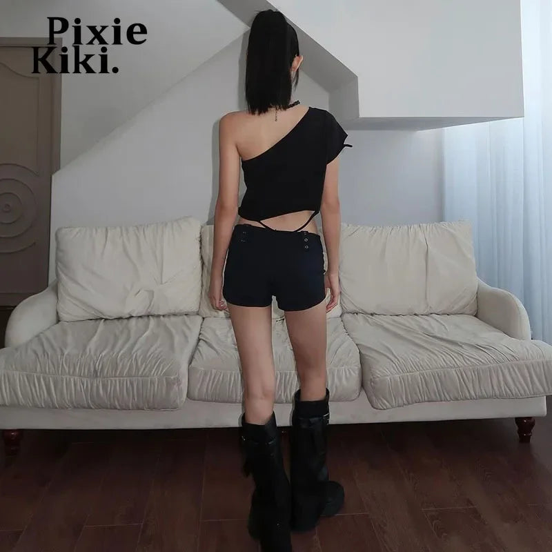 PixieKiki Asymmetrical One Shoulder Crop Tops Woman 2024 Summer Fashion T Shirt Y2k Street Wear Black Graphic Tees P71-BC10