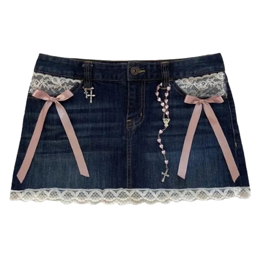 Retro Buddha Short Women Y2K Skirt Goth Hip Hop Pocket Embroidery Retro Blue Loose Denim Shorts Women High Waist Slim Mini Skirt