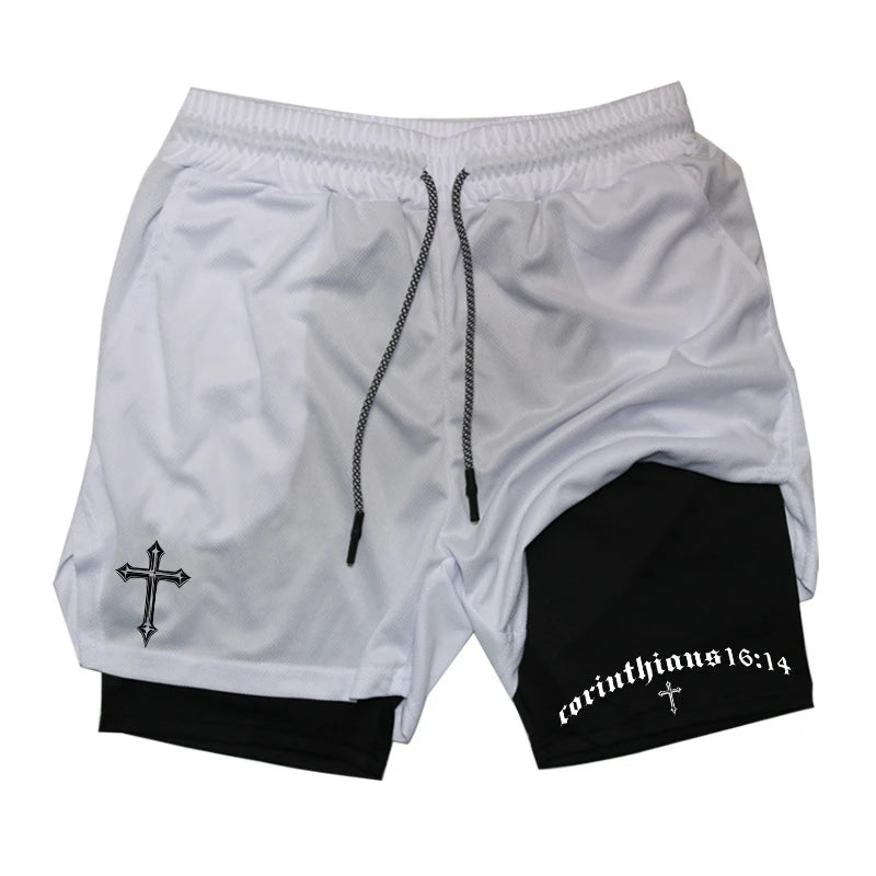 Cross Bible Graphic 2 in 1 Athletic Shorts for Men Christian Gym Workout Running Shorts with Phone Pocket Towel Loop Active Wear