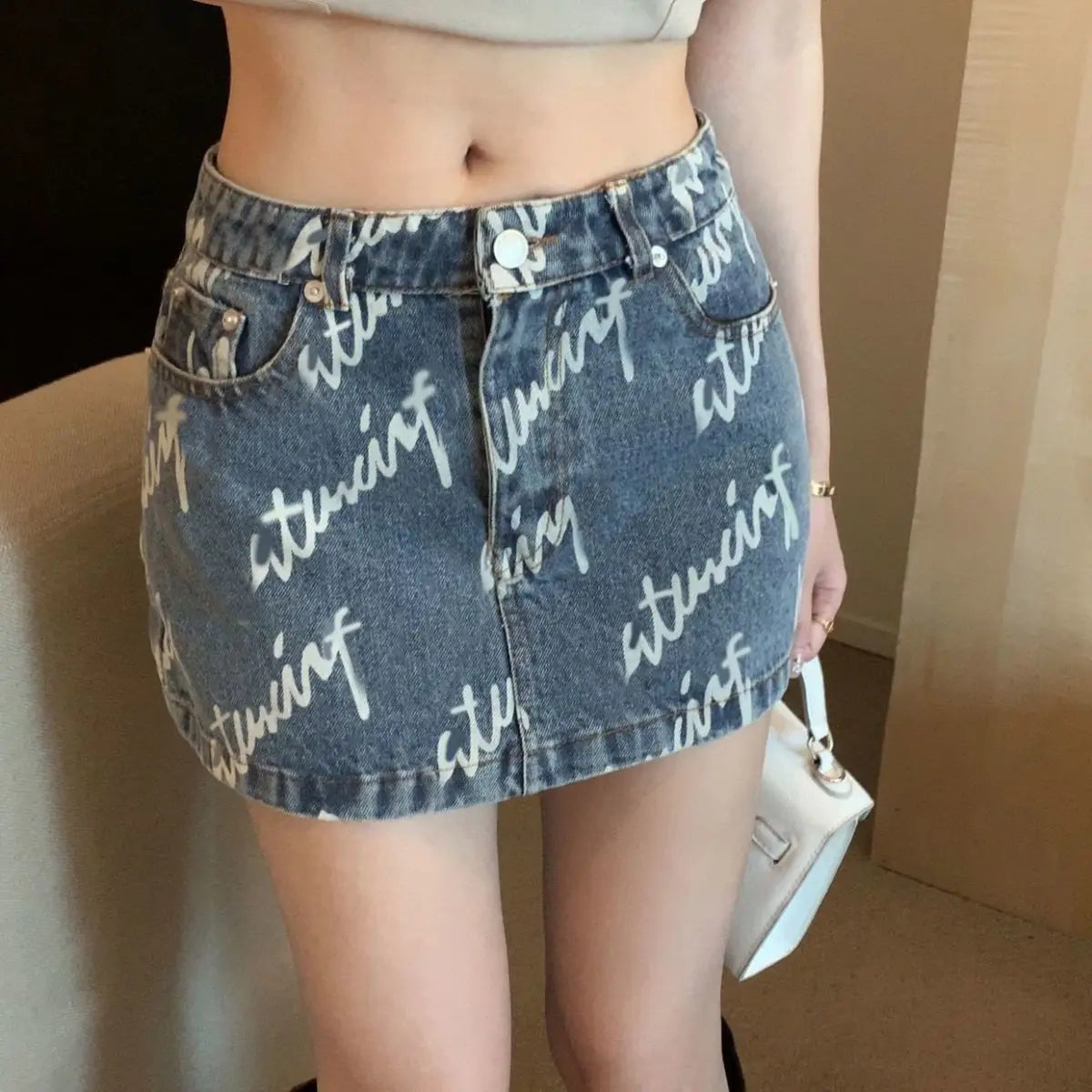 Letter Printing High Waist Cowboy A-Line Skirt Summer Fashion Women Clothing Fashionable Sexy Slim Mini Skirt Summer Trend