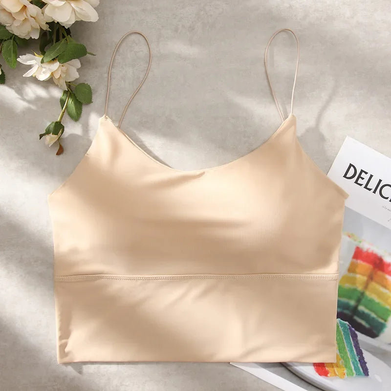 New Summer Ice Silk Vest Top Women Sexy Built In Bra Off Shoulder Sleeveless Camisole Underwear Crop Tops Sports Spaghetti Strap