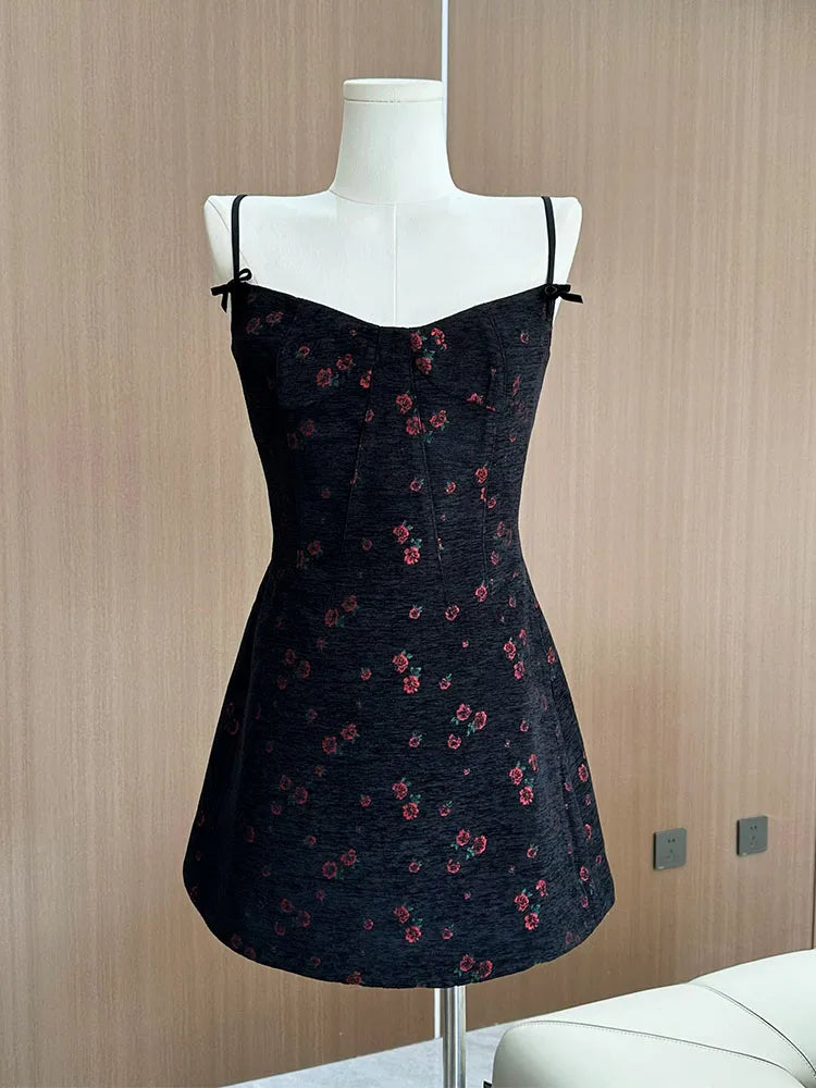 High Quality Women Print Spaghetti Strap Dress Sleeveless Fashion Sweet Temperament Y2K Streetwear One-Piece Frocks Black Gothic