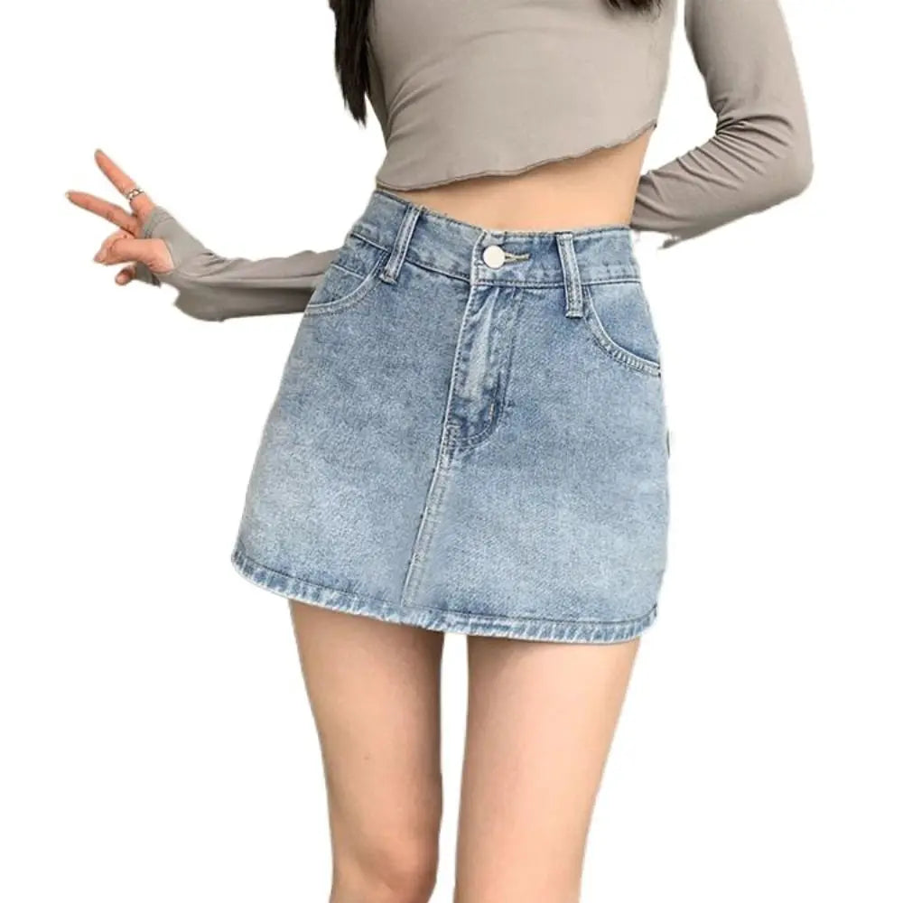 Classic High Waist Jean Skirt Stretchy A-Line Denim Skirts Slim Fit Casual Mini Skirt Girls