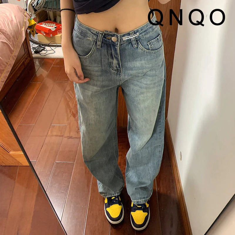 QNQO Jeans for Women Vintage Washed Comfortable Chic Casual Loose Denim Pants 2025 New Fashion Female High Waist Straight Jeans