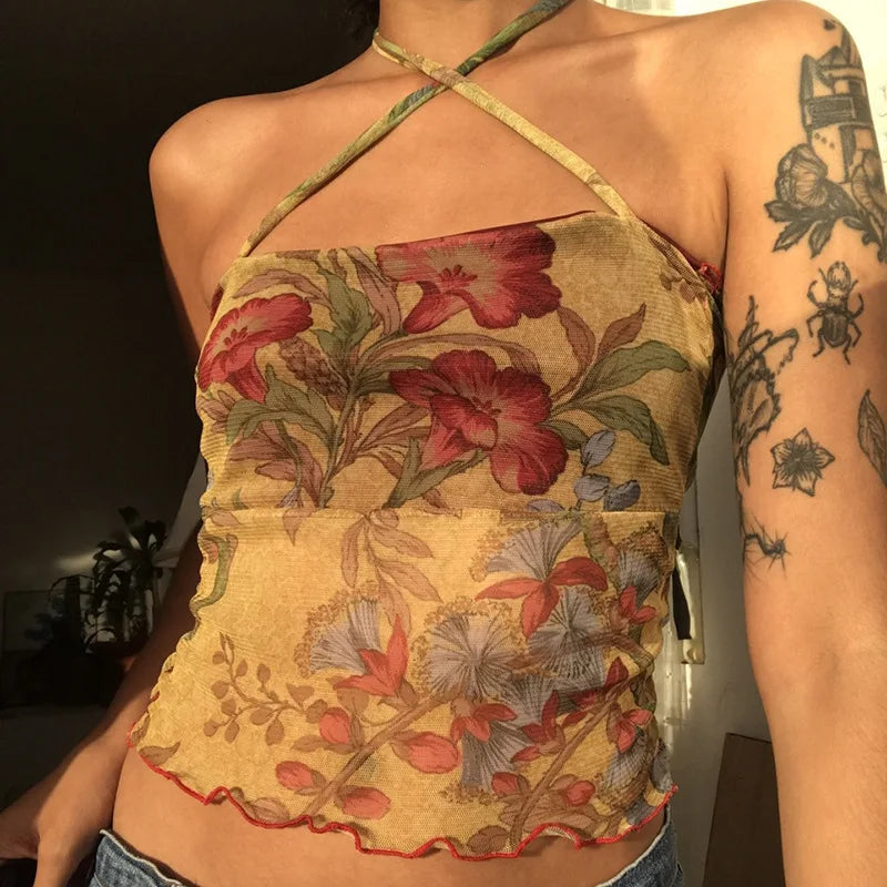 00s Floral Pattem Mesh Sheer Camis Hotsweet E-girl Slim Fit Backless Halter Tops Mulheres Sem Mangas Crop Top Colete Y2K Streetwear