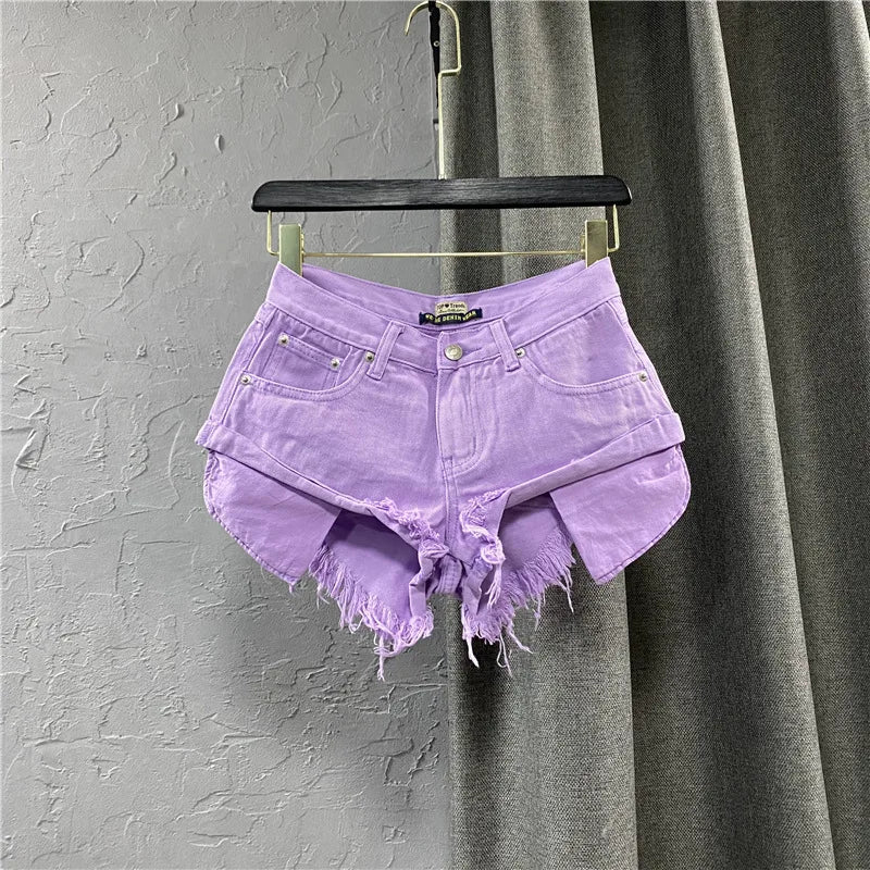 New Women Pink Low Waist Hole Ripped Personalized Low Waisted Denim Shorts Jeans Wide Leg Hot Pants