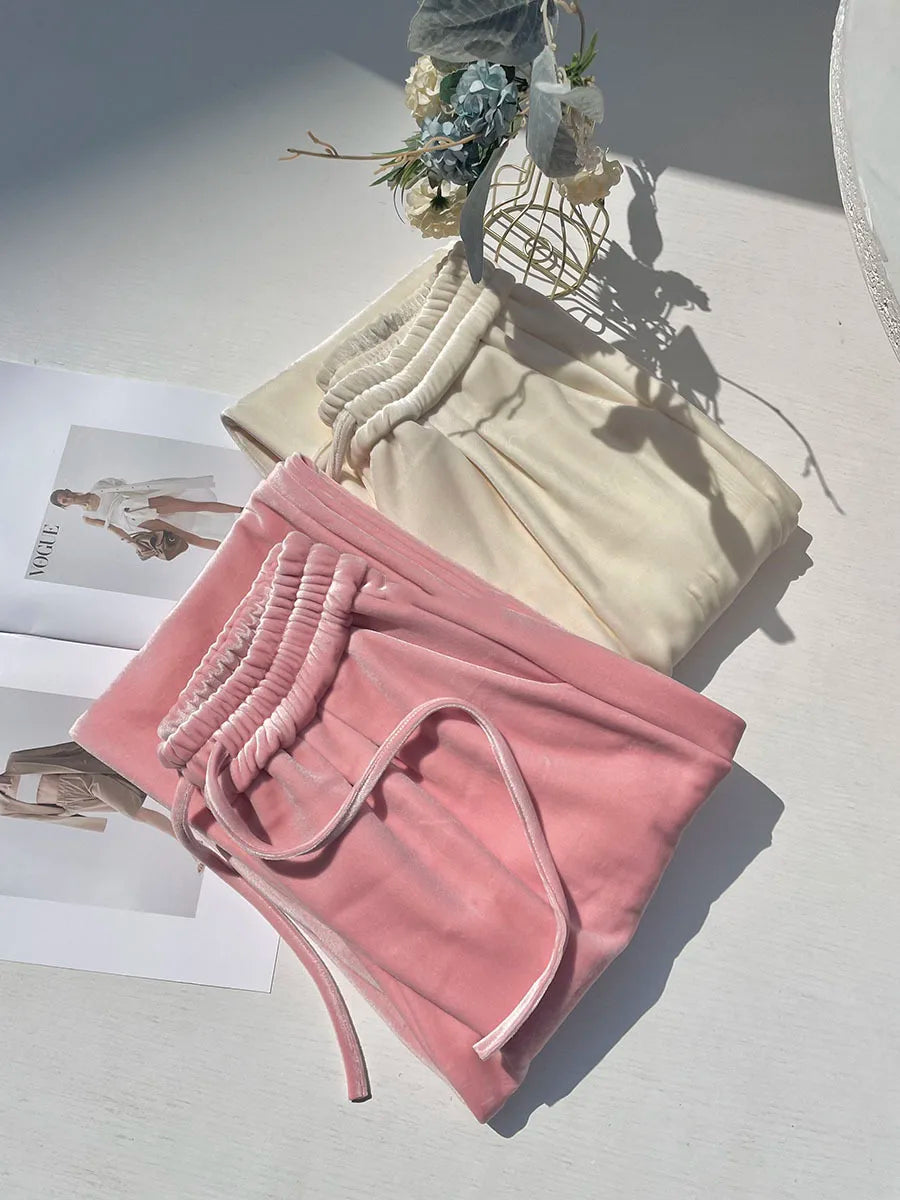 Autumn and Winter New Thick Velvet Wide Leg Pants for Women Pink Loose and Comfortable,Warm Strap Style Straight Leg Pants