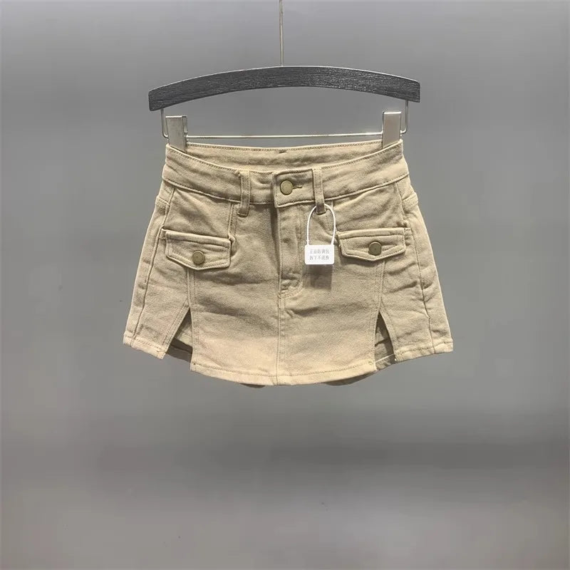 Women's High Waisted Khaki Denim Shorts Skirt 2024 Summer New Anti Glare Work A-line Short Skirt Feminino