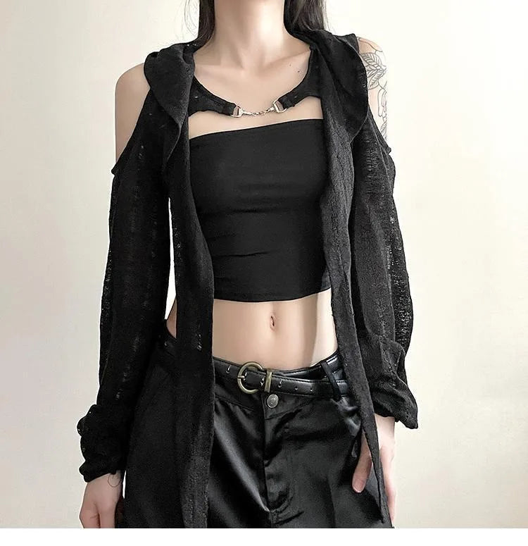 Punk Street Long Sleeve Hollow Out T-shirts 2025 Summer New Hoodie Tops Women American All-match Chains Black Tee Shirt