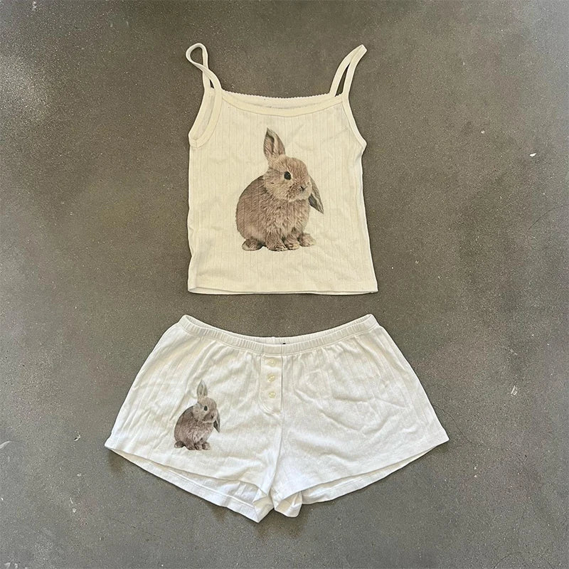 Cute sweet aesthetic Y2K women's sleeveless camisole streetwear casual punk rabbit pattern print vintage Harajuku summer shorts