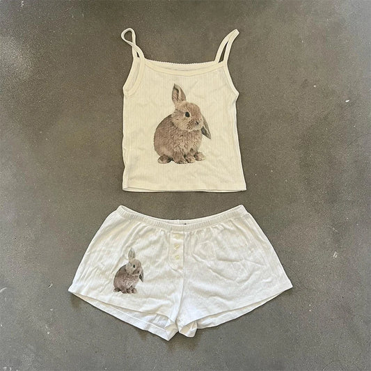 Cute sweet aesthetic Y2K women's sleeveless camisole streetwear casual punk rabbit pattern print vintage Harajuku summer shorts