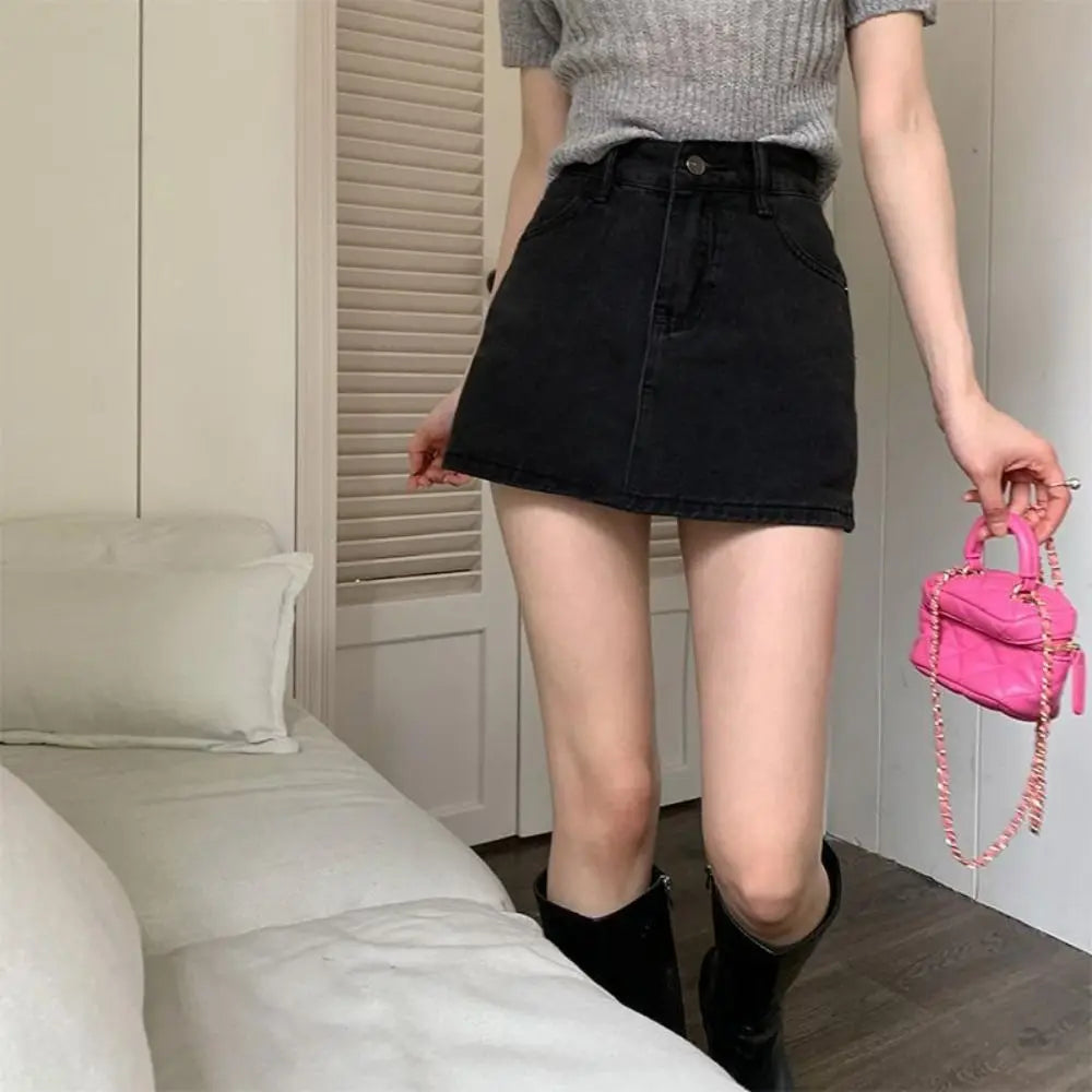 Classic High Waist Jean Skirt Stretchy A-Line Denim Skirts Slim Fit Casual Mini Skirt Girls