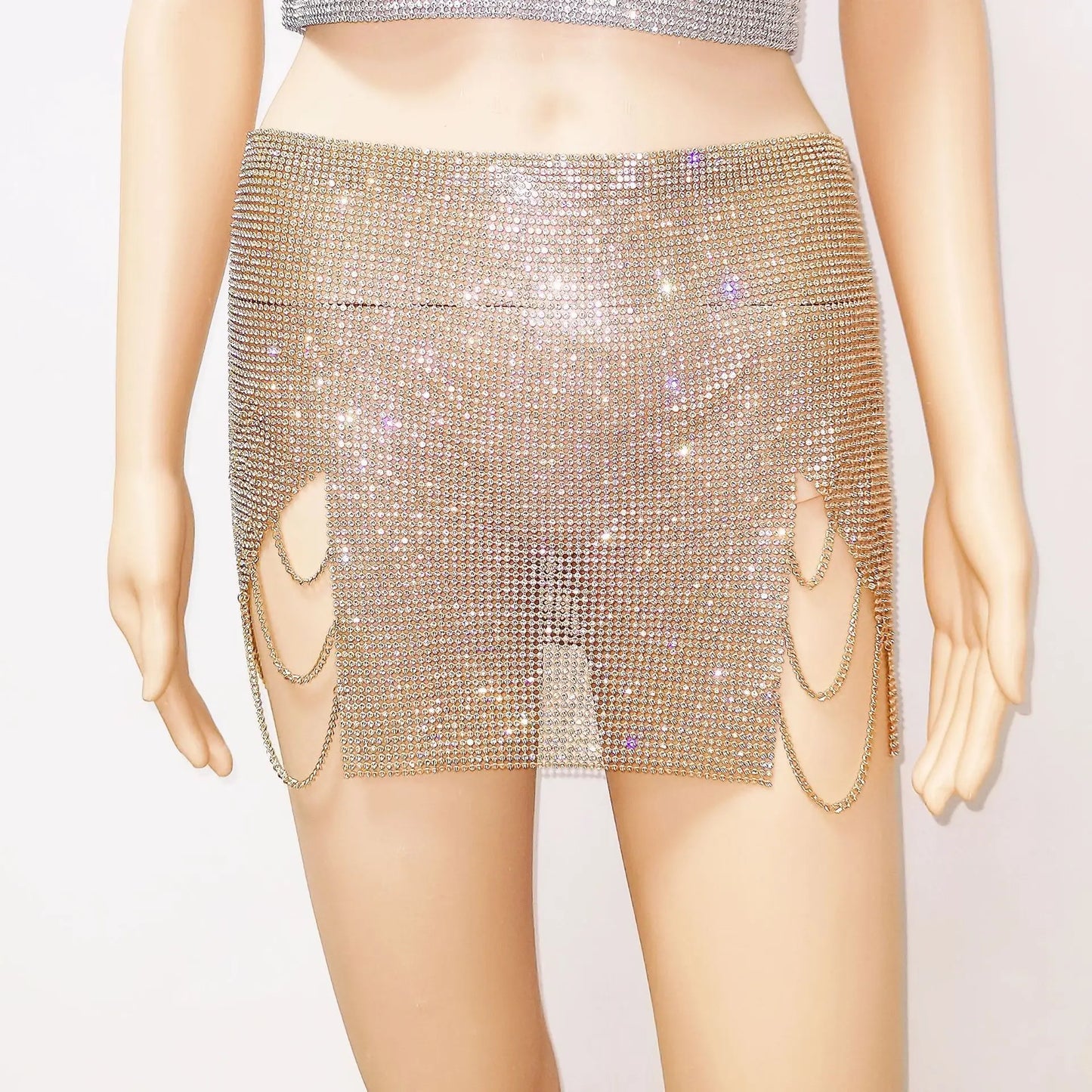 Glitter Metal Sequins Mini Skirt For Women Sexy Side Slit Tassel Chain See Through Party Skirt Rave Festival Outfits Skirt