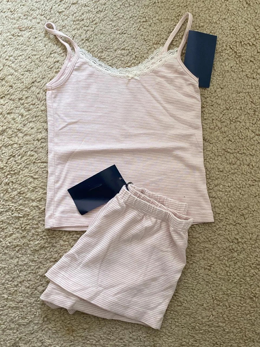 Pink Striped Cotton Vest Shorts 2 Pieces Set Women Bow Slim Tank Tops With Elastic High Waist Straight Short Pants Sweet Sets