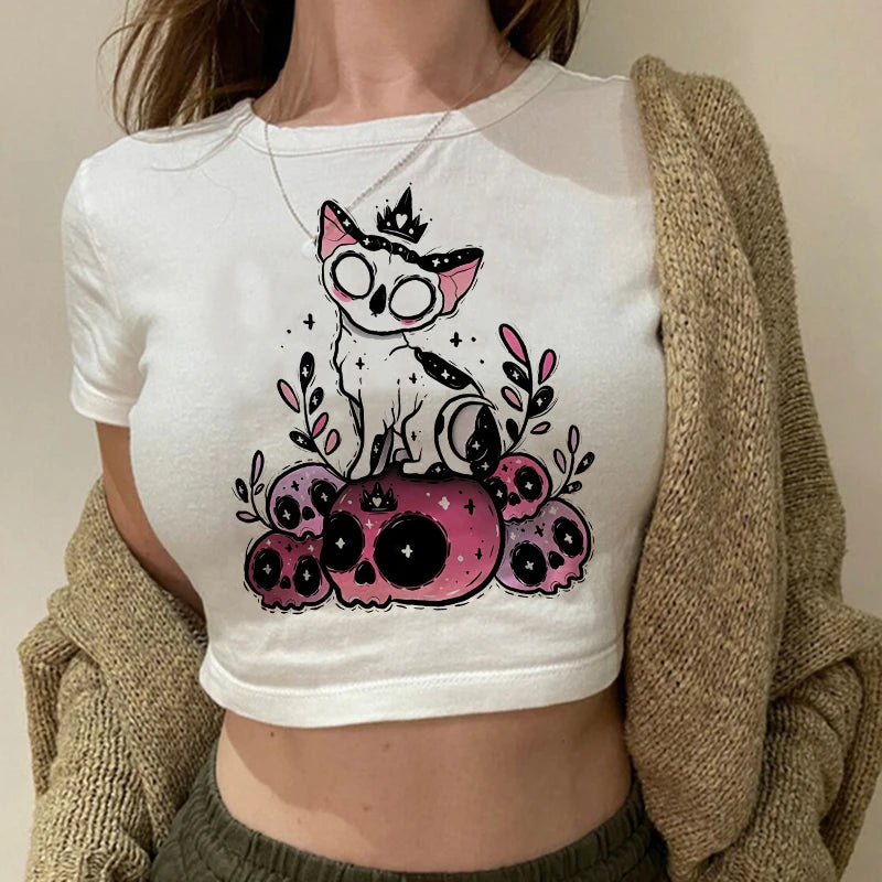 Mulheres 2000s Doce Engraçado Gato Camiseta Top Curto Camisa Feminina Camiseta Ulzzang Curta 90s Camiseta Top Camiseta Feminina Camisa Gótica