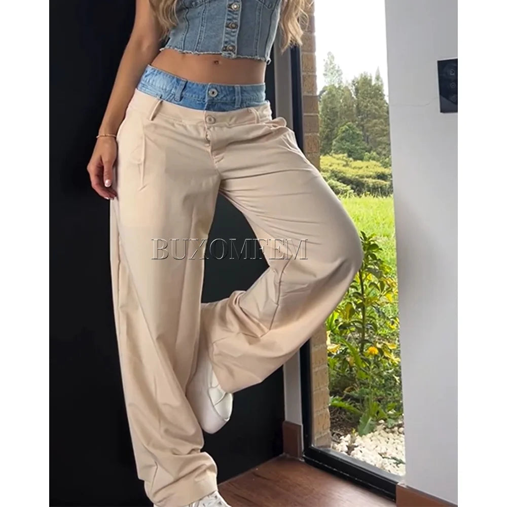 Retro High Waisted Color Matching Loose Jeans for Women, Hip-Hop, Trendy, Full-Length Straight Pants, Y2k Style, New Bottoms