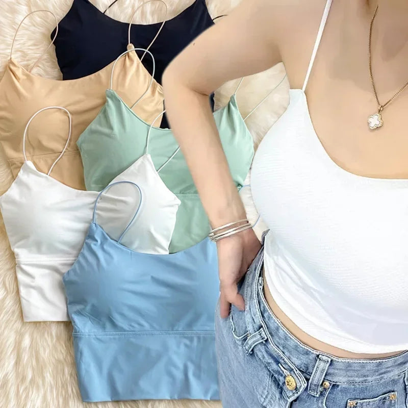 New Summer Ice Silk Vest Top Women Sexy Built In Bra Off Shoulder Sleeveless Camisole Underwear Crop Tops Sports Spaghetti Strap