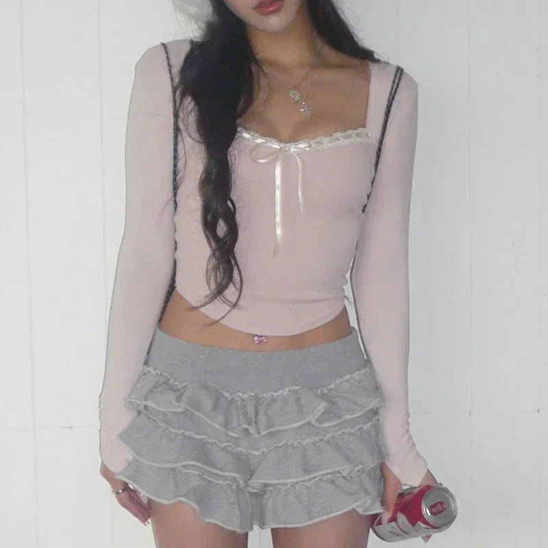 Pink Cute Casual Basic Irregular Knitted Tops Y2K Lace Ribbons Lace-up Bow Cropped Top Coquette Aesthetic Slim-fit Tees