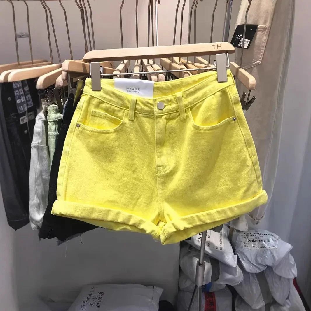 2024 Summer New Style Women's High-Waisted Wide-Leg Slimming Hot Pants Trendy Lemon Yellow Citrine Cotton Shorts