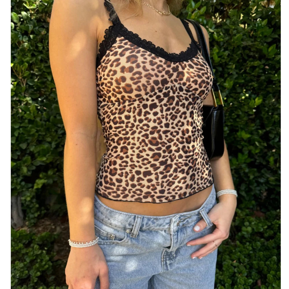 Sexy Lace Trim Leopard Print Cami Tops for Women 2025 Summer Grunge Punk Y2K Aesthetic Clothes Skinny Backless Tee Shirt