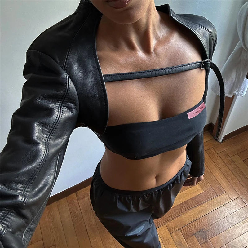 BKLD 2024 PU Motorcycle High Street Female Ultra Short Jackets Coats With Strapless Tube Top Women Trend Classic Outdoor Outfits