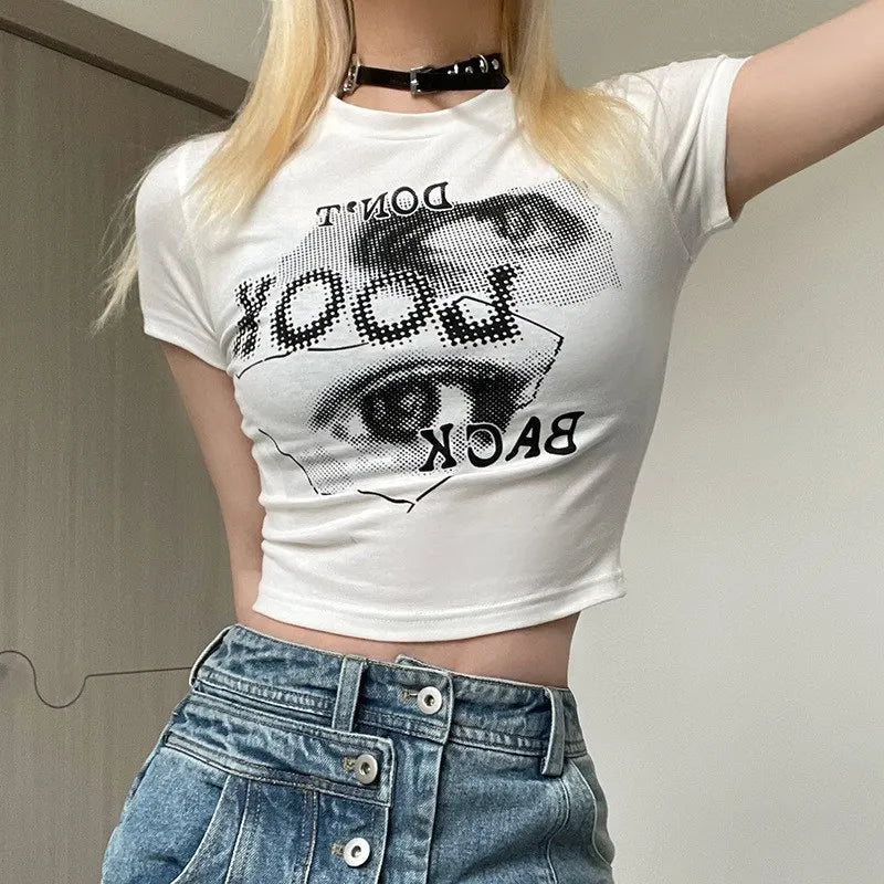 Verão Estética Personalidade Olhos Abstratos Impresso Retro Camiseta Mulheres Y2k Grunge Sexy O-pescoço Umbigo Manga Curta Camisetas Crop Tops