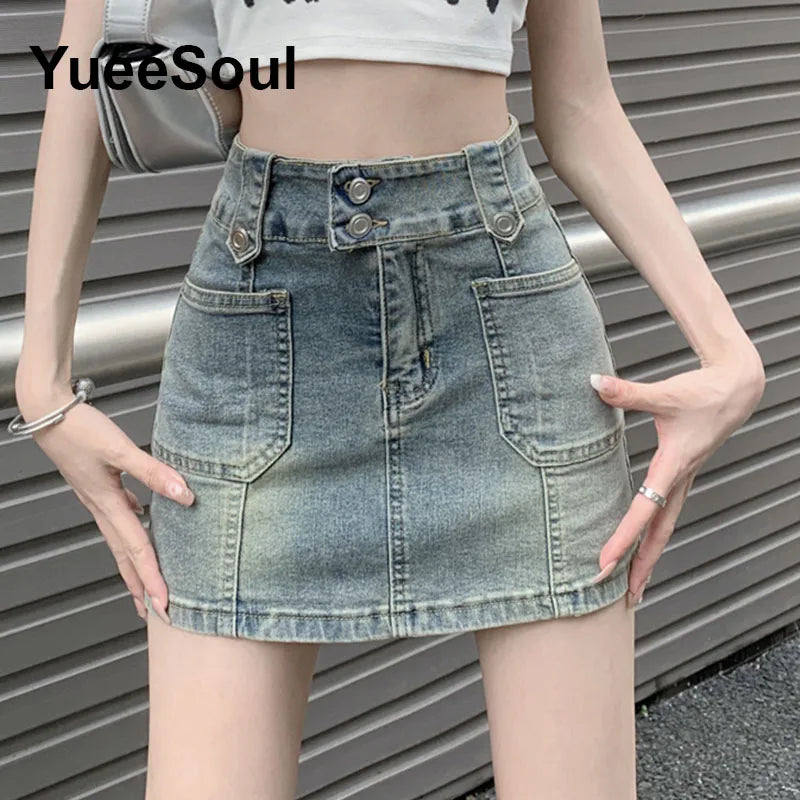 Blue Denim Skirt  A-Line High Waist Mini Skirt 2024 New Summer Y2K 2000s High Street Sexy Kawaii Cute Skirts for Women