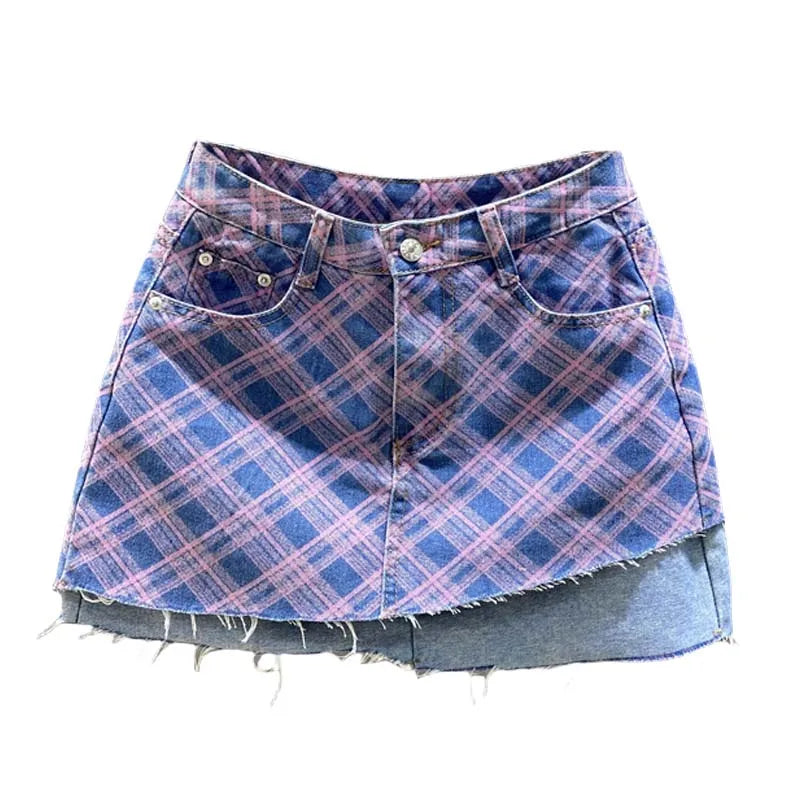 2024 Summer New Diamond Plaid Stitching Denim Skirt Women's Design Sense Niche A- Line Sheath Short Skirt