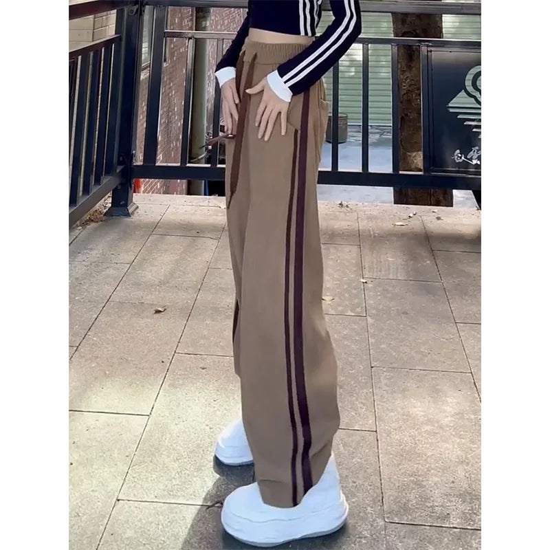 2023 Womens Summer New Solid Color Trousers Casual Drawstring High Waist Side Stripe Printing Patchwork Pockets Wide Leg Pants