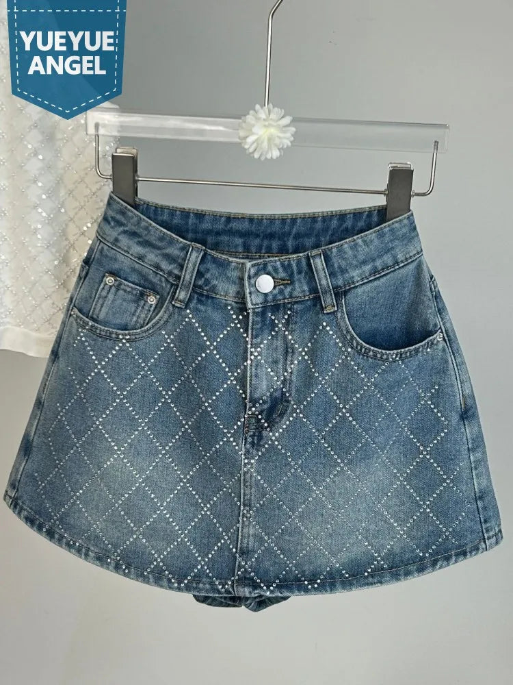 High Street Versatile Women Fashion Diamonds Denim Skirt Design New Spring Summer Female Casual High Waist A-Line Shorts Skirts