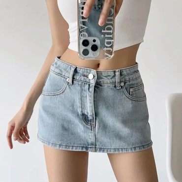HOUZHOU Y2K Mini Saia Jeans Feminina Verão 2024 Sexy Vintage Cintura Baixa Slim Micro Saia Jeans Estilo Coreano Saia-calça Streetwear