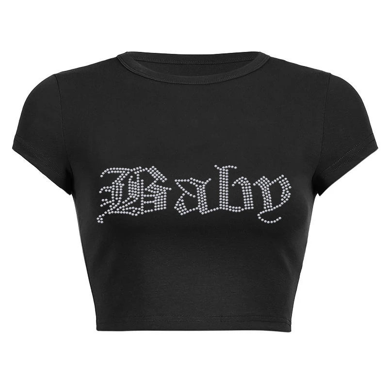 Rhinestone Letter Print 2000s Women Slim Crop Top Gothic Cute Baby Tee Vintage Grunge T-Shirt Y2k Clothes Summer Top Streetwea