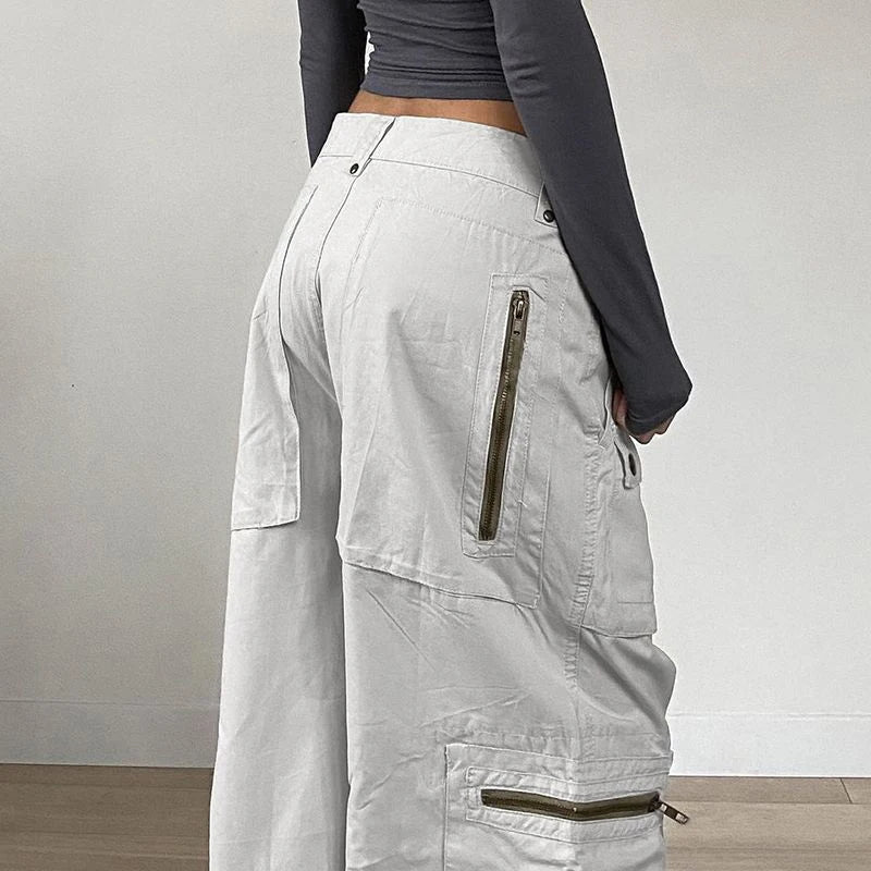 Streetwear Zipper Pockets Cargo Trousers Women Casual Straight Leg Denim Jeans Harajuku Low Rise Overalls Fashion Y2K Outfits