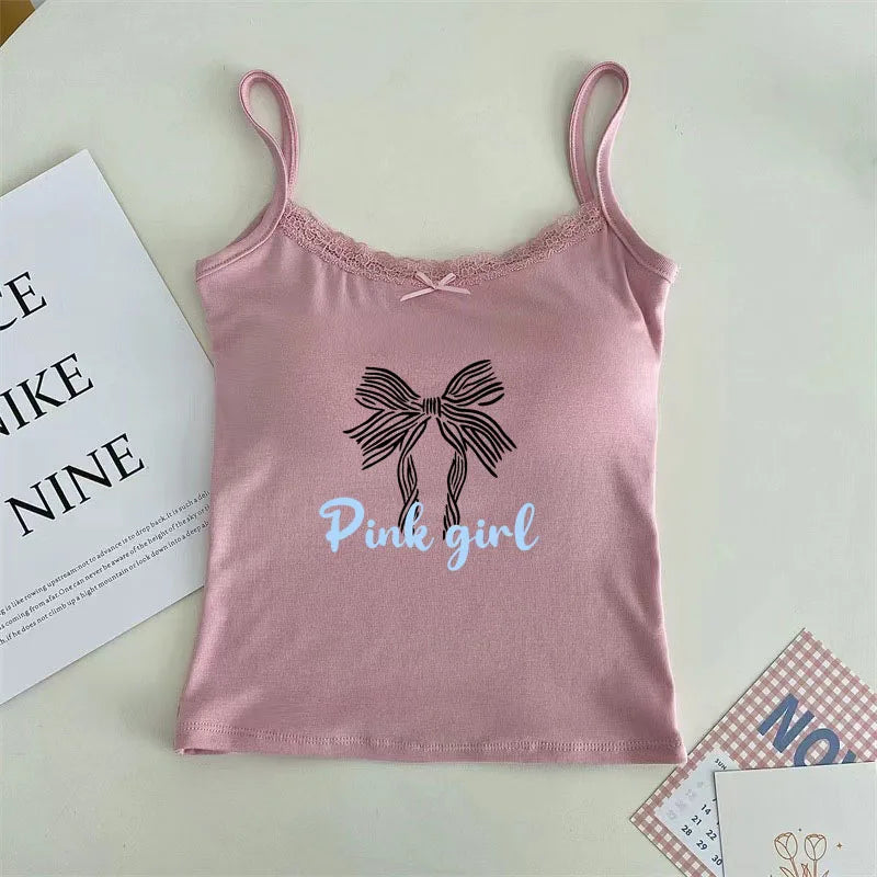 Summer Sweet Bow Tie Print Women's Crop Tops Sexy  Sleeveless Shirt Women Y2k Top Shoujo Girl Aesthetic 2024 Tops for Women