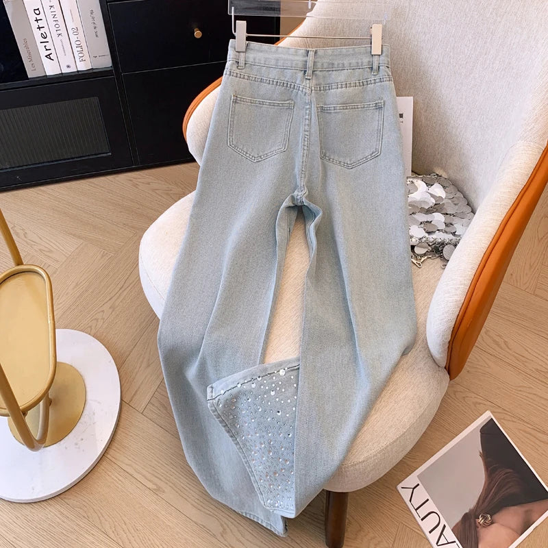 Hot Diamond Design Casual Jeans Women High Waist Loose Pants Fashion Spring New Streetwear Mopping Pants