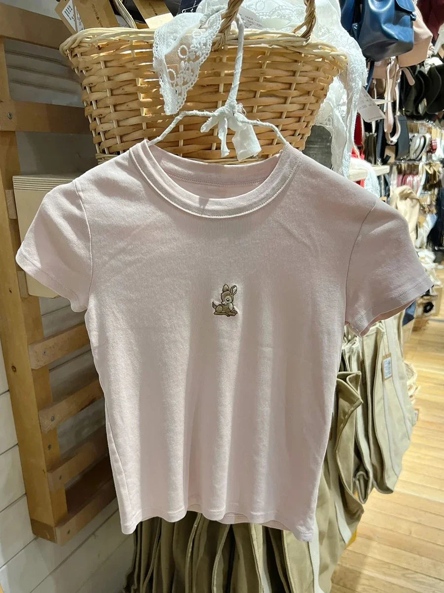 Women Little Dear Embroidery Pink T Shirt Summer O-neck Cotton Casual Short Sleeve Tees Vintage Cute Sweet Slim T-shirts Y2K Top