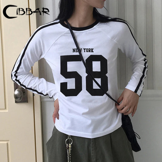 CIBBAR Casual Digital Print Crop Top Básico O-neck Manga Comprida Estilo Preppy T Shirt Mulheres Básicas Outono Camisetas Camisas Y2K Estética